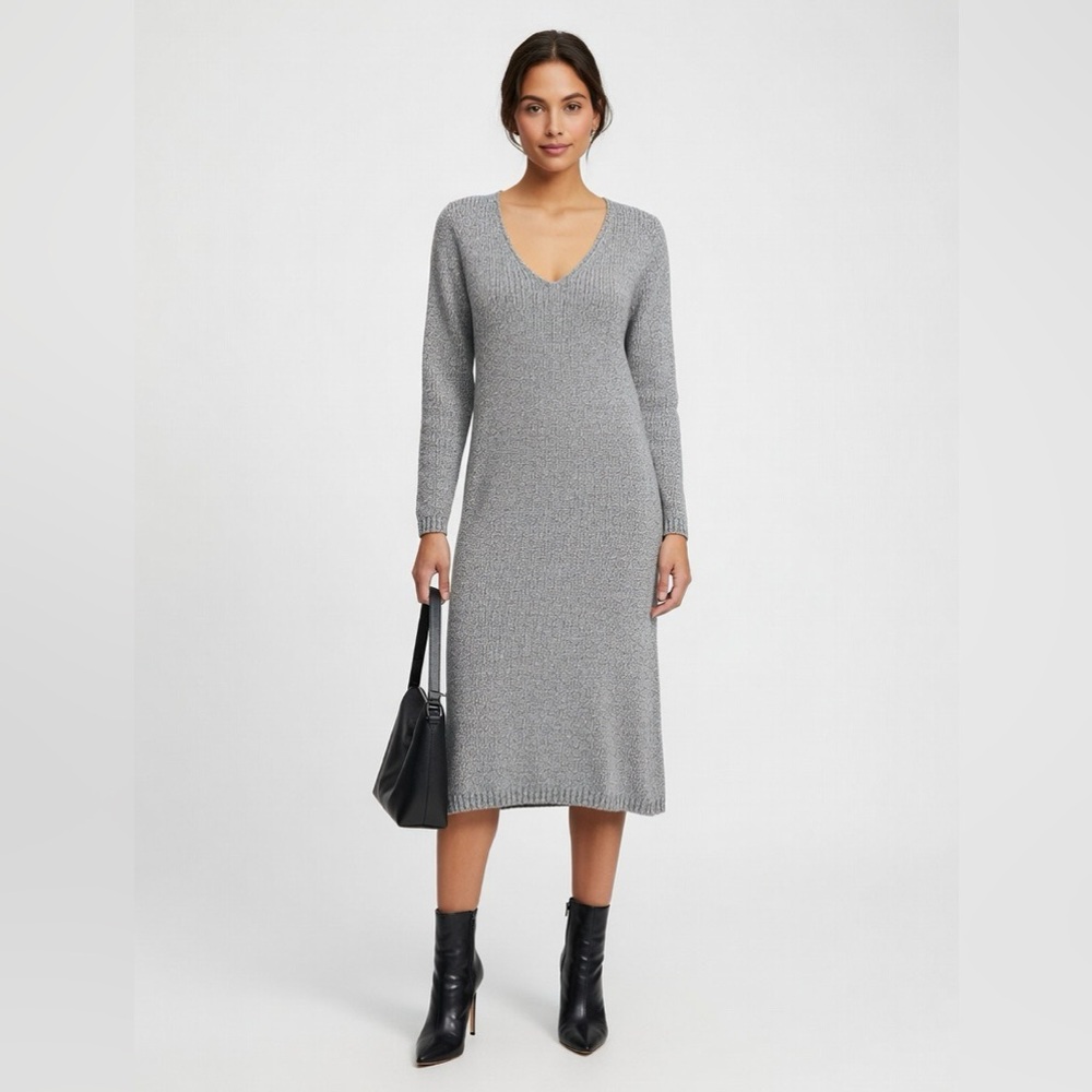 Massimo Dutti Women’s Gray V-Neck Knit Midi Sweater Dress Size S